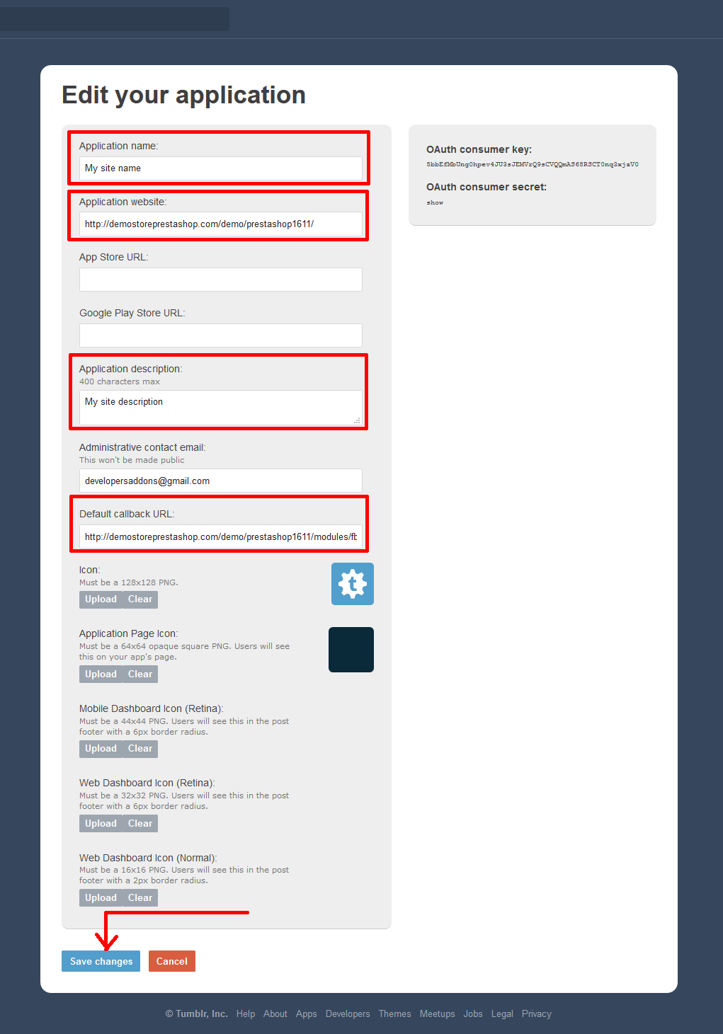 Configure tumblr Appliaction